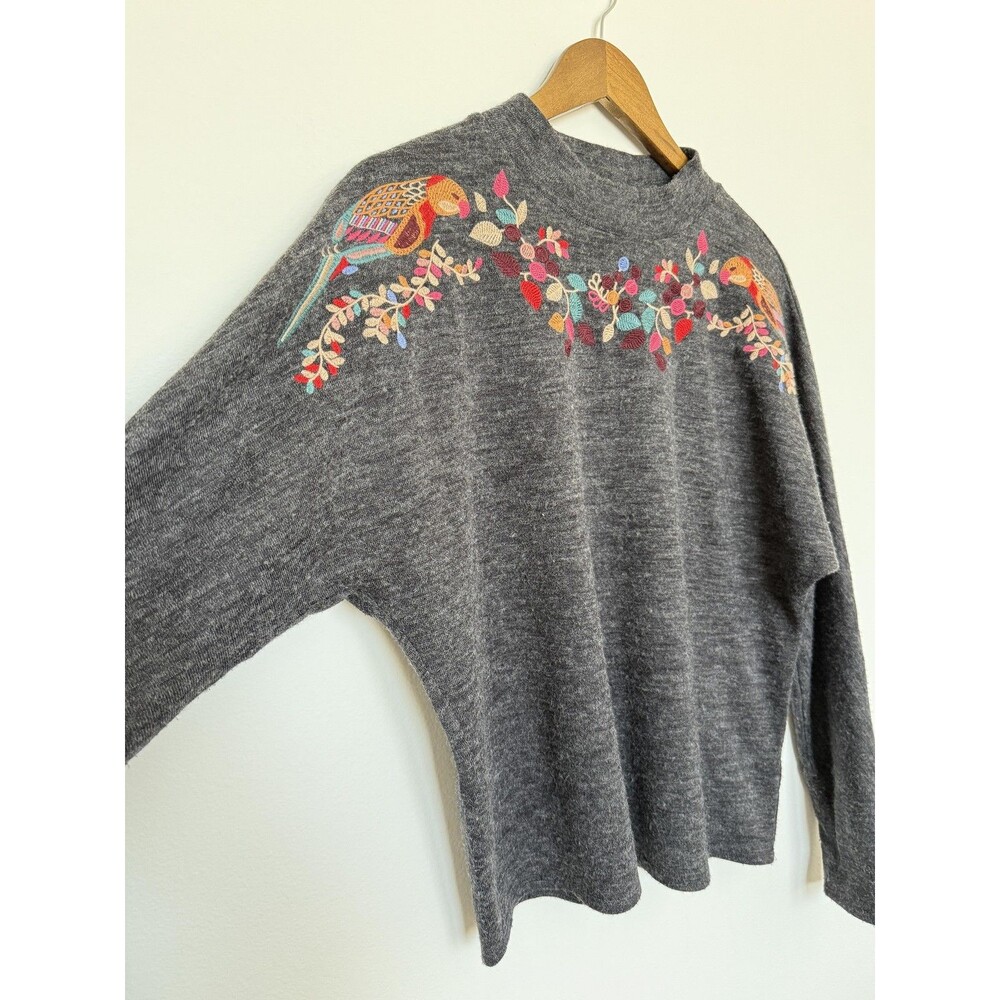 THML Sweater Womens Small Gray Embroidered Bird Floral Mock Neck Dolman Knit - Picture 4 of 8